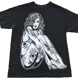 Fatal Black Cotton Graphic T Shirt Tattoo Girl front Skull back Size Large